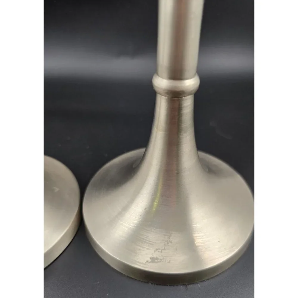 Set Of 2 Brushed Silver Metal Candle Holders Made In India, 9" and 12" Tall - Picture 5 of 9